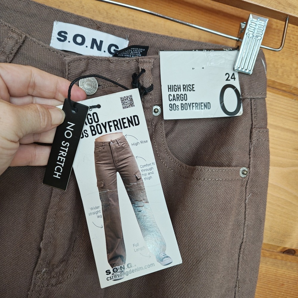 S.O.N.G. NWT Brown High Rise 90s Boyfriend Cargo Pants Y2K Revival Denim Jean 24 - Picture 2 of 7